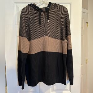 INC International Concepts Black & Tan Hooded Zip-Up Knit Sweater